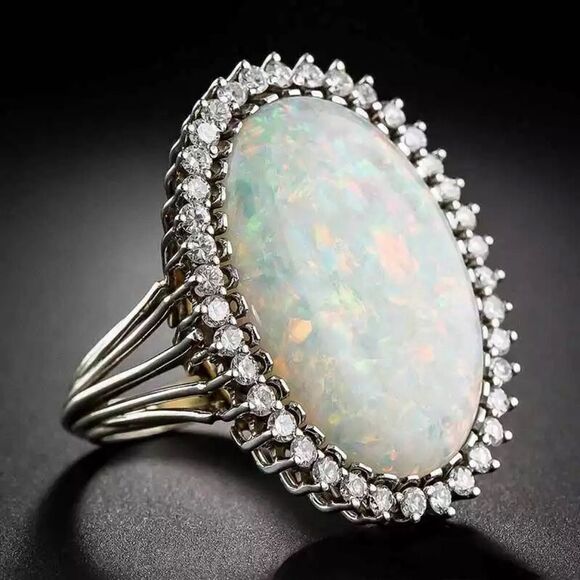 💎229💎 *NEW VINTAGE SILVER TONE FIRE OPAL EGG SHAPEDIAMOND RING